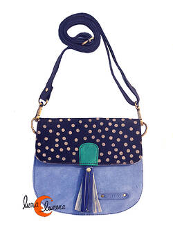 Soruka, bolsos de piel de colores. Bolso pequeño redondo de ante y print, celeste.