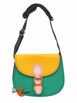Soruka, bolsos de piel de colores. Bolso pequeño redondo doble costura, verde esmeralda y amarillo.