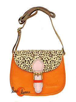 Soruka, bolsos de piel de colores. Bolso pequeño redondo doble costura print, naranjo oscuro.