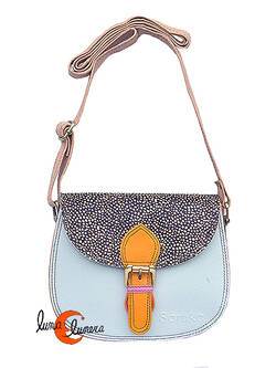 Soruka, bolsos de piel de colores. Bolso pequeño redondo doble costura print, celeste.