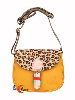 Soruka, bolsos de piel de colores. Bolso pequeño redondo doble costura print, amarillo.