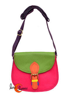 Soruka, bolsos de piel de colores. Bolso pequeño redondo doble costura, fucsia verde aguacate.