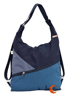 Impermeables. Bolsos de tela Mugling. Bolso mochila triángulos azul y gris.