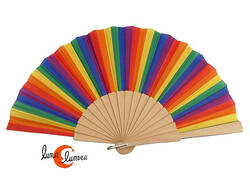Abanico de tela y madera, arcoiris.
