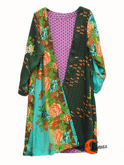 Kimono reversible. Kimono 9, flores sobre verde, turquesa y rosa.
