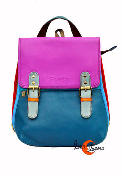 Soruka, mochila bolso de piel de colores. Azul y fucsia suave.