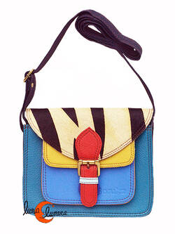 Soruka, bolsos de piel de colores. Pequeño bolso cuadrado con hebilla print verde azulado y azulón.