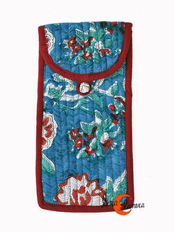 Funda de tela para gafas India, azul con granate.