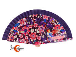 Abanico de tela y madera pintada, Catalina Estrada, picaflores colibrí azul marino.