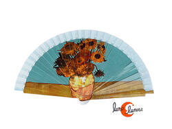 Abanico pequeño de tela y madera pintada, girasoles.