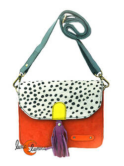 Soruka, bolsos de piel de colores. Bolso pequeño cuadrado de ante y print, naranjo butano con tirador fucsia.