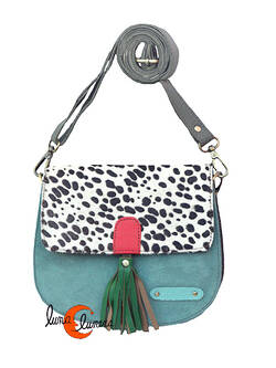 Soruka, bolsos de piel de colores. Bolso pequeño redondo de ante y print, celeste verde agua con tirador verde.