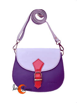 Soruka, bolsos de piel de colores. Bolso pequeño redondo morado y lila.