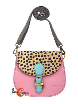 Soruka, bolsos de piel de colores. Bolso pequeño redondo, rosa y print.